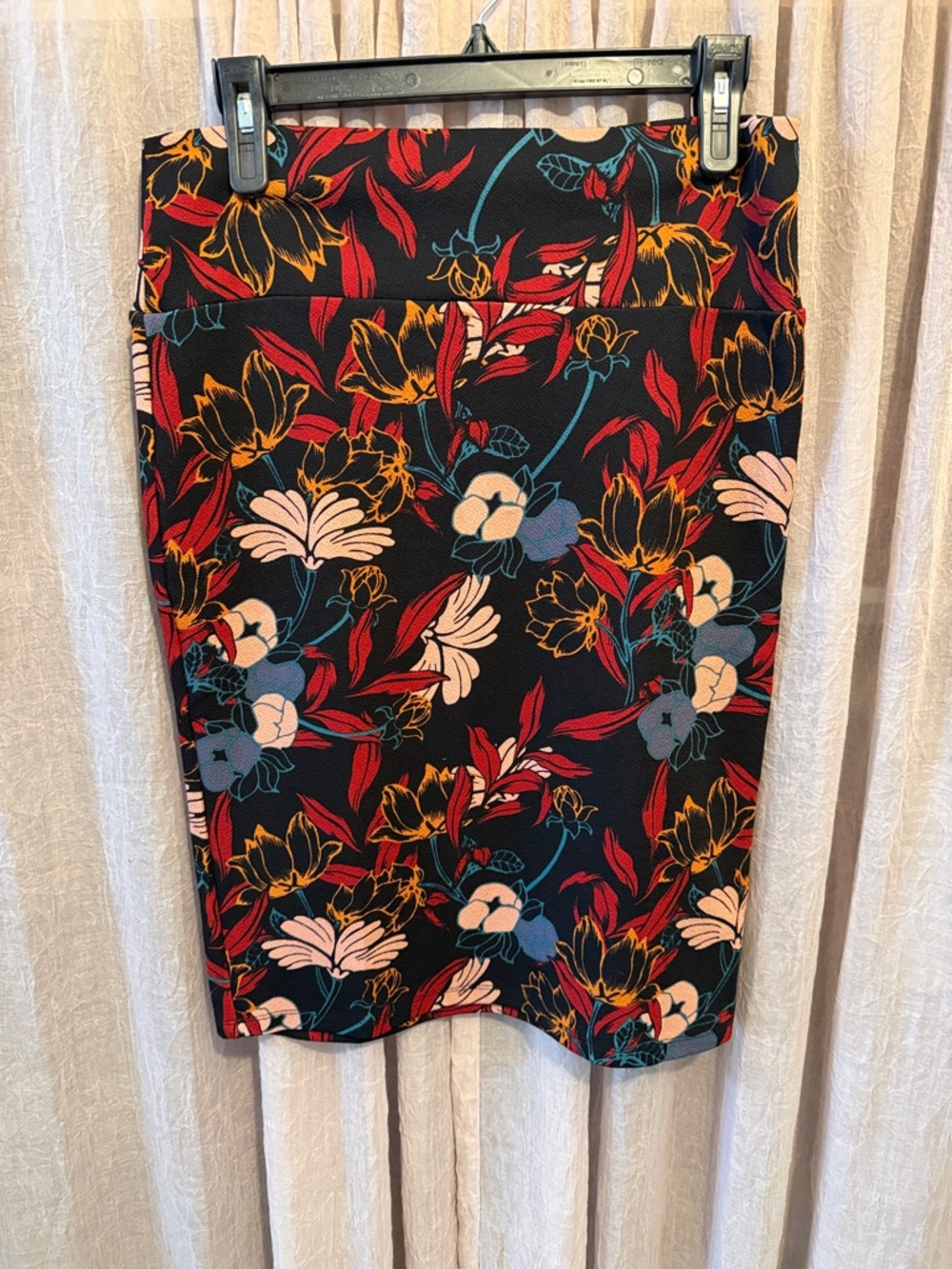 LuLaRoe Black Floral Pencil Skirt with Red, Teal & Cream Accents